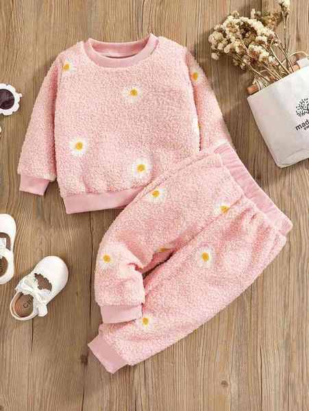 baby floral embroidery fleece pullover & pants she, White