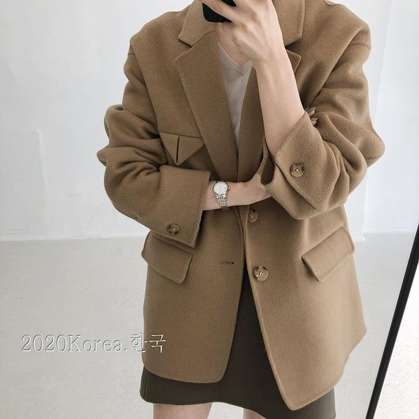 women's wool & blends sided cashmere coat short 2021 autumn winter korean loose suit with split woolen at the back of collar, Black
women's wool & blends sided cashmere coat short 2021 autumn winter korean loose suit with split woolen at the back of collar, Black