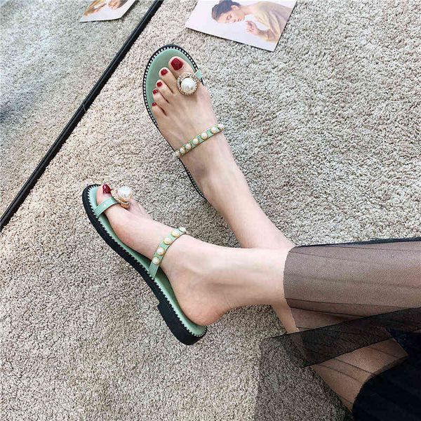 sandals high heels women fashion pearl flat slippers luxury rhinestones beaded platform flip flops lady shoes beach 220309, Black