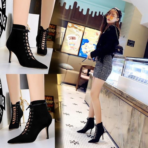 boots heel suede pointed lace up fashionable nightclub slim high hollow short, Black 
boots heel suede pointed lace up fashionable nightclub slim high hollow short, Black