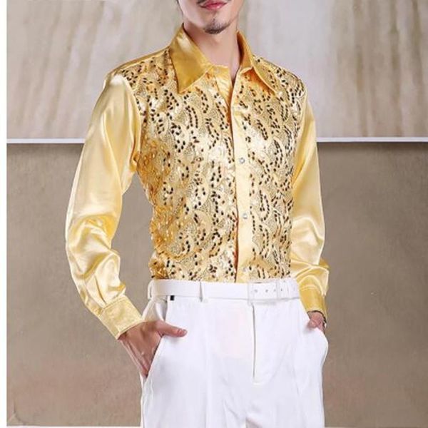 men's casual shirts shiny gold sequin glitter long sleeve shirt men 2021 fashion nightclub party stage chorus for chemise homme, White;black
men's casual shirts shiny gold sequin glitter long sleeve shirt men 2021 fashion nightclub party stage chorus for chemise homme, White;black