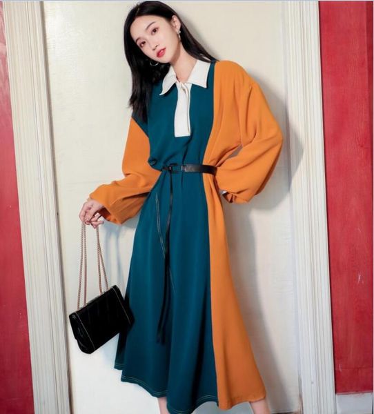 casual dresses 2021 women's contrast color long-sleeved loose fashion dress temperament over the knee long with belt, Black;gray
casual dresses 2021 women's contrast color long-sleeved loose fashion dress temperament over the knee long with belt, Black;gray