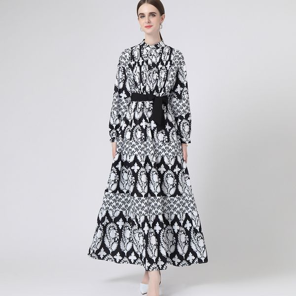 women's runway dress o neck long sleeves printed pleated bodice elegant fashion maxi dresses with belt, Black
women's runway dress o neck long sleeves printed pleated bodice elegant fashion maxi dresses with belt, Black