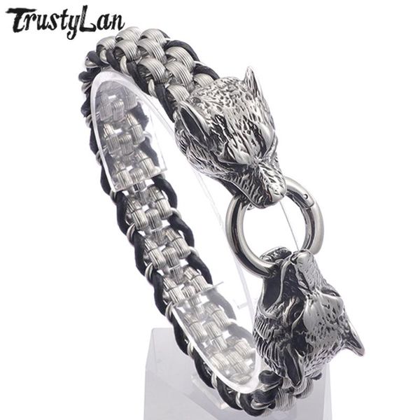 link, chain trustylan punk rock double wolf heads bracelet men 316l stainless steel & genuine leather homme hand friendship gifts, Black
link, chain trustylan punk rock double wolf heads bracelet men 316l stainless steel & genuine leather homme hand friendship gifts, Black