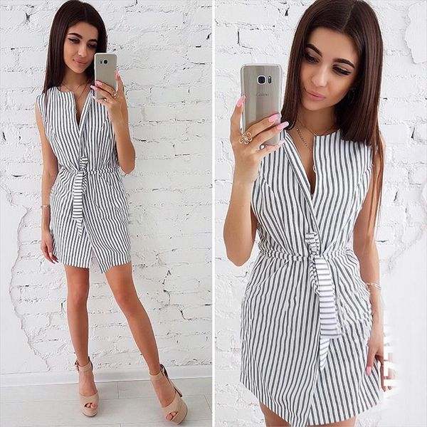 summer striped slim womens dresses v neck sheath office clothing casual sleeveless vestidos plus size, Black;gray
summer striped slim womens dresses v neck sheath office clothing casual sleeveless vestidos plus size, Black;gray