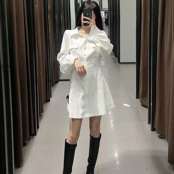 casual dresses 2021 women's fashion tooling style mini dress white lapel lantern sleeve single row buttons shirring receive, Black;gray
casual dresses 2021 women's fashion tooling style mini dress white lapel lantern sleeve single row buttons shirring receive, Black;gray