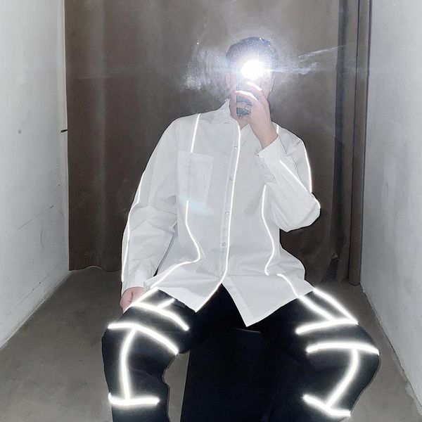 men reflective stripe long sleeve casual black white shirt male streetwear hip hop loose dress shirts men's, White;black
men reflective stripe long sleeve casual black white shirt male streetwear hip hop loose dress shirts men's, White;black