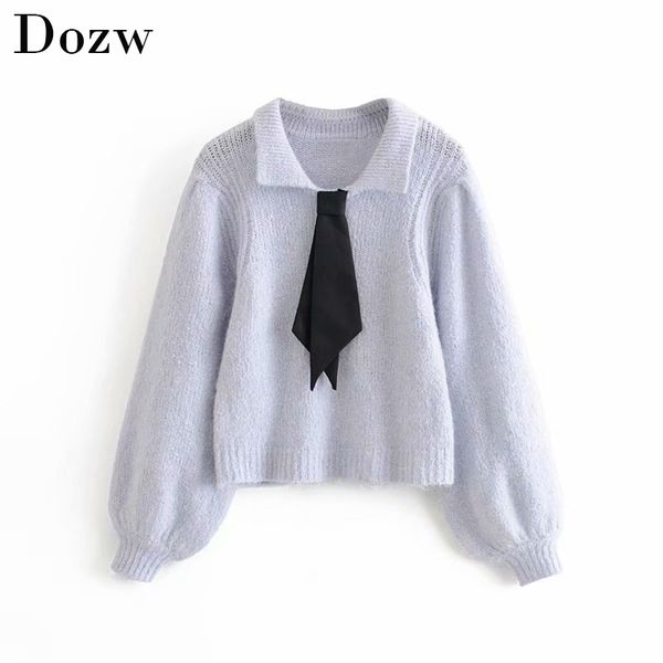fashion lady solid pullover sweater autumn lantern long sleeve tie stylish jumper turn down collar loose sweater female 210414, White;black
fashion lady solid pullover sweater autumn lantern long sleeve tie stylish jumper turn down collar loose sweater female 210414, White;black