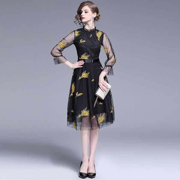 boutique dress women's fashion mid long mesh gold embroidery, Black;pink