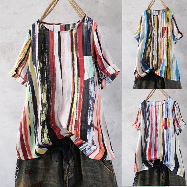 women's blouses & shirts loulan queen 2021 sale cotton linen printed rainbow strip short-sleeved t-shirt shirt women blouse plus size c, White 
women's blouses & shirts loulan queen 2021 sale cotton linen printed rainbow strip short-sleeved t-shirt shirt women blouse plus size c, White
