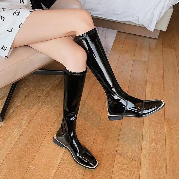 boots over the knee fashion square toe women's zipper belt buckle high patent leather flat comfortable knight, Black
boots over the knee fashion square toe women's zipper belt buckle high patent leather flat comfortable knight, Black