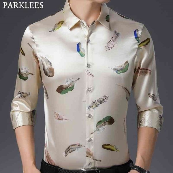 stylish feather print silk shirt for men brand satin smooth mens dress shrits slim fit long sleeve male social shirt 210522, White;black
stylish feather print silk shirt for men brand satin smooth mens dress shrits slim fit long sleeve male social shirt 210522, White;black