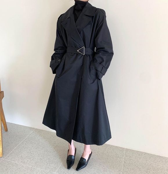 wool korean style trench coat for woman big lapel jacket with long-sleeve belt-regent dames, Black