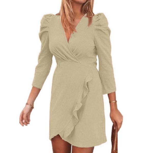 casual dresses elegant office lady ruffle dress women v neck long sleeve loose commuting solid color wrap hip robe femme, Black;gray 
casual dresses elegant office lady ruffle dress women v neck long sleeve loose commuting solid color wrap hip robe femme, Black;gray