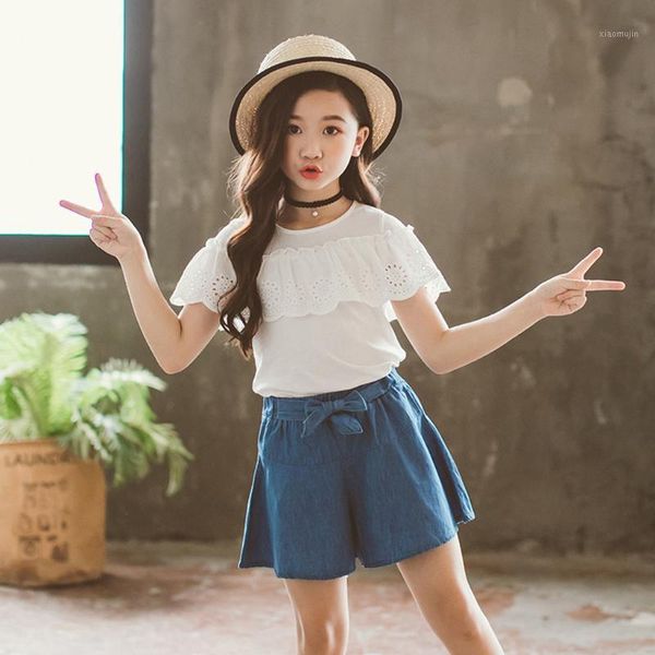 children girls clothes kids baby solid lace ruffles tee bow shorts jeans outfits girl toddler clothing sets, White
children girls clothes kids baby solid lace ruffles tee bow shorts jeans outfits girl toddler clothing sets, White