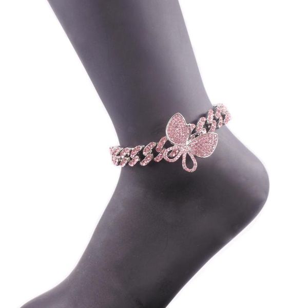 anklets pink crystal butterfly cuban link chain hip hop women feet legs 12mm rose gold silver color iced out fashion jewelry, Red;blue 
anklets pink crystal butterfly cuban link chain hip hop women feet legs 12mm rose gold silver color iced out fashion jewelry, Red;blue