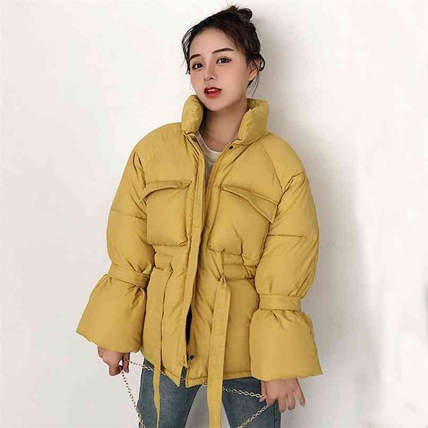 

women winter jackets parkas fashion thick warm lantern sleeve slim solid sweet for female 210607, Black