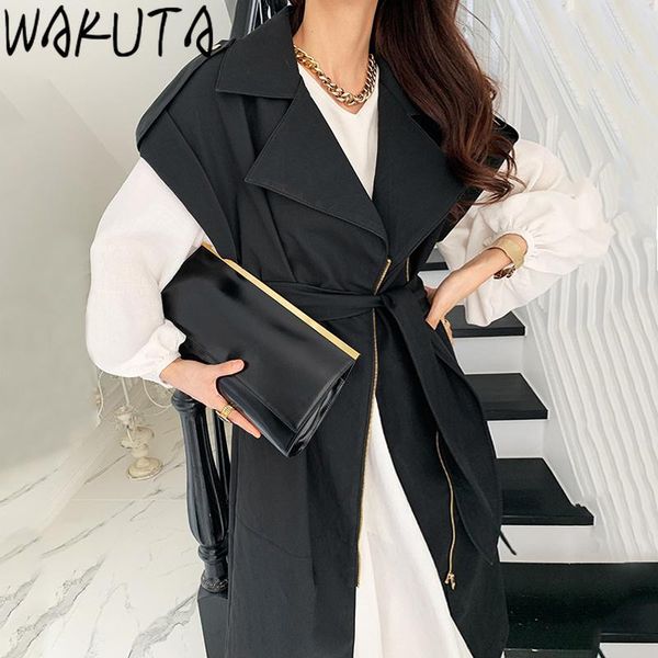 women's vests wakuta 2021 autumn long sleeveless bandage trench coat women slim zipper vest femme outwear fashion korean windbreaker, Black;white 
women's vests wakuta 2021 autumn long sleeveless bandage trench coat women slim zipper vest femme outwear fashion korean windbreaker, Black;white