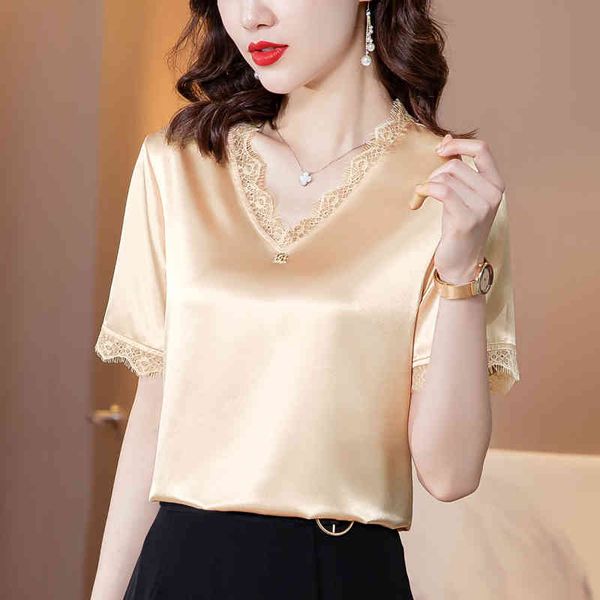 korean women's shirt silk blouses for women short sleeve female lace v-neck blouse woman basic 210427, White
korean women's shirt silk blouses for women short sleeve female lace v-neck blouse woman basic 210427, White