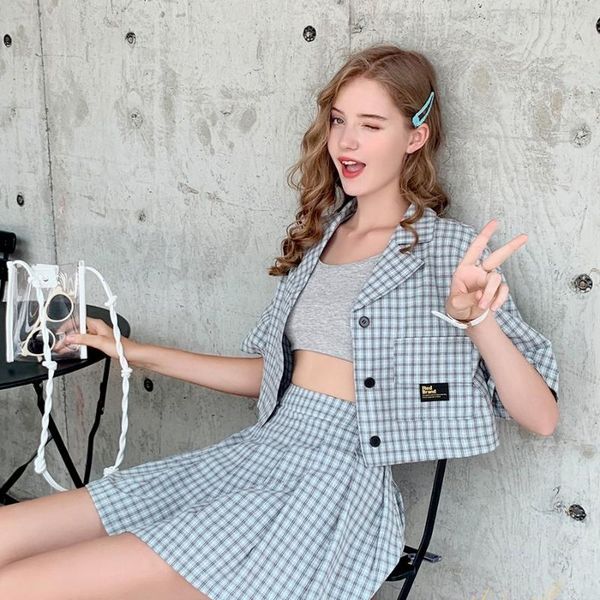 women's polos summer women sets harajuku preppy style short sleeve plaid shirt +pleat skirt cute set vintage kawaii girl suits, White
women's polos summer women sets harajuku preppy style short sleeve plaid shirt +pleat skirt cute set vintage kawaii girl suits, White