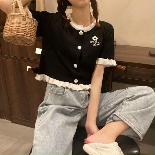 women's t-shirt black short-sleeved knitted cardigan with embroidered wood ears, thin summer 2021 slim bottoming shirt top, White
women's t-shirt black short-sleeved knitted cardigan with embroidered wood ears, thin summer 2021 slim bottoming shirt top, White