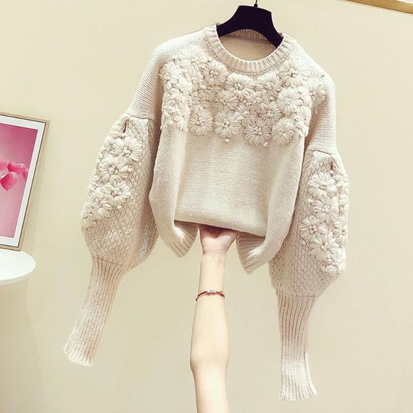 women's sweaters flower sweater women 2021 spring winter loose three-dimensional handmade crocheted embroidery lantern sleeve pullover, White;black
women's sweaters flower sweater women 2021 spring winter loose three-dimensional handmade crocheted embroidery lantern sleeve pullover, White;black