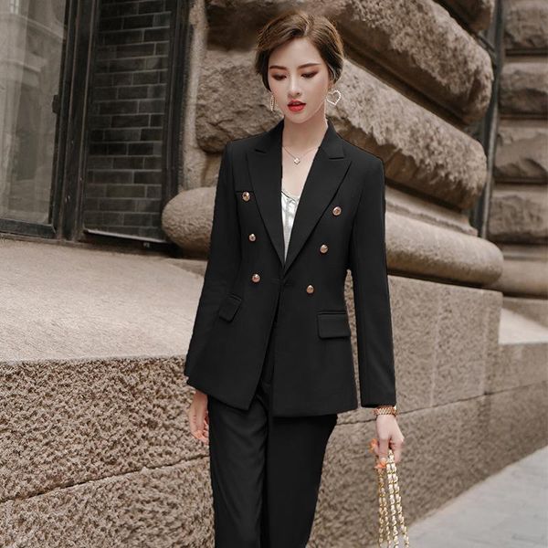 professional women's pants suit feminine jacket 2021 spring and autumn double-breasted blazer work clothes two piece, White 
professional women's pants suit feminine jacket 2021 spring and autumn double-breasted blazer work clothes two piece, White