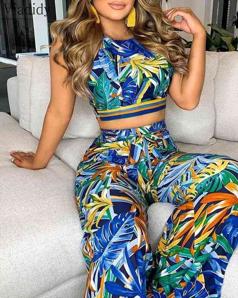 women casual 2pcs suit print sleeveless crop and high waist wide leg pants set, White