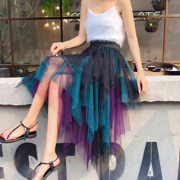 skirts multi-layered colored mesh patchwork high low long summer waist irregular y tulle calf pleated skirt l37y, Black 
skirts multi-layered colored mesh patchwork high low long summer waist irregular y tulle calf pleated skirt l37y, Black