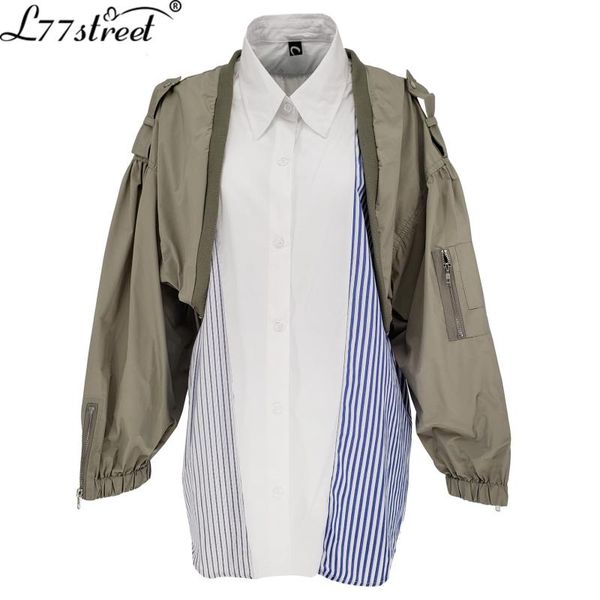 design striped stitching long-sleeved shirt retro workwear large pocket cardigan with coat spring women's two piece pants, White
design striped stitching long-sleeved shirt retro workwear large pocket cardigan with coat spring women's two piece pants, White
