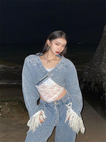 spring and summer personality ladies denim two-piece tassel short jacket + wide-leg jeans fashion suit women's clothing two piece pants, White
spring and summer personality ladies denim two-piece tassel short jacket + wide-leg jeans fashion suit women's clothing two piece pants, White