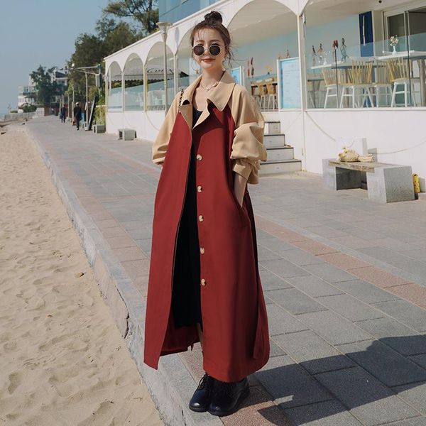 women's windbreaker contrasting color spring autumn 2021 high-end quality lining comfortable long loose stitching coat ff2 trench coats, Tan;black
women's windbreaker contrasting color spring autumn 2021 high-end quality lining comfortable long loose stitching coat ff2 trench coats, Tan;black