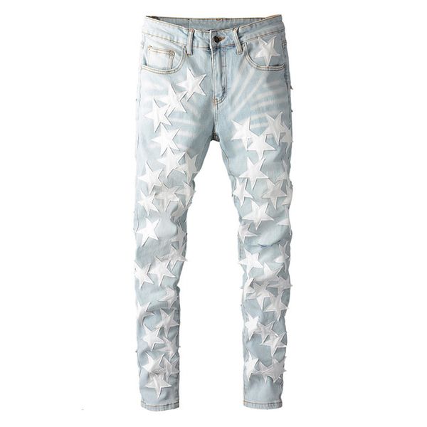 men's jeans leather stars patches design streetwear patchwork ripped stretch denim pants slim skinny pencil trousers sw7y, Blue
men's jeans leather stars patches design streetwear patchwork ripped stretch denim pants slim skinny pencil trousers sw7y, Blue