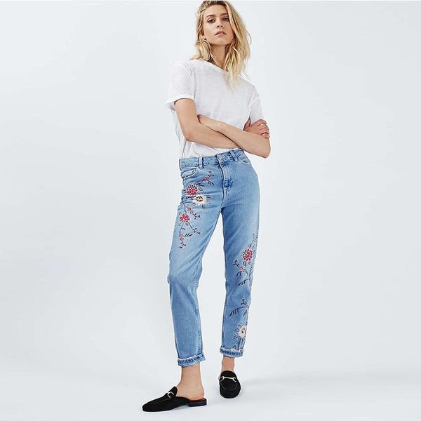 women's jeans fashion embroidered casual high-waisted straight 100% cotton loose washed nine-point denim plus size femme pants, Blue 
women's jeans fashion embroidered casual high-waisted straight 100% cotton loose washed nine-point denim plus size femme pants, Blue