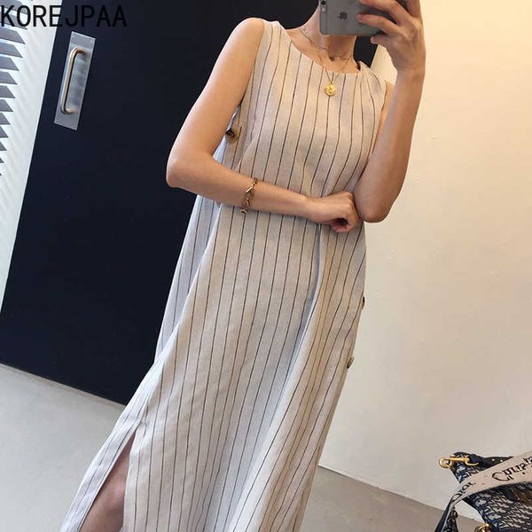 korejpaa women dress summer korean chic ladies elegant temperament round neck loose side button slit striped vest vestidos 210526, Black;gray
korejpaa women dress summer korean chic ladies elegant temperament round neck loose side button slit striped vest vestidos 210526, Black;gray