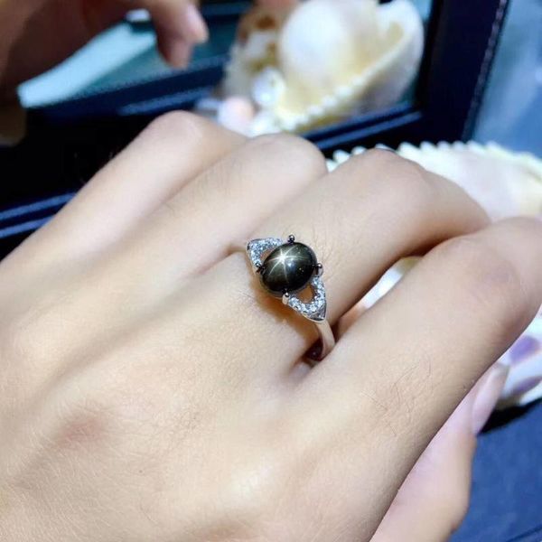 cluster rings fidelity natural 6*8mm star sapphire s925 sterling silver personality fine jewelry for women party black gemstone, Golden;silver