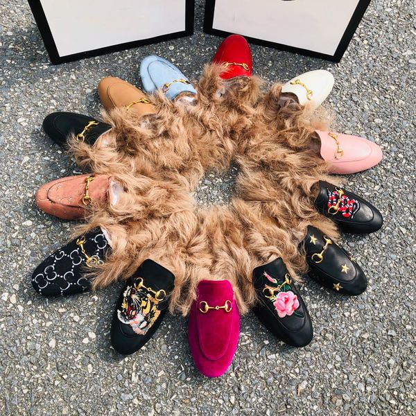 women designer fur slippers soft cowskin metal buckle fashion solid printed bee flat heel loafers leather sole with box, Black
women designer fur slippers soft cowskin metal buckle fashion solid printed bee flat heel loafers leather sole with box, Black
