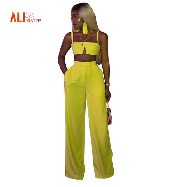 alisister women two pieces set spaghatti strap crop wide leg pants femme overalls pockets yellow feminino women's piece, White
alisister women two pieces set spaghatti strap crop wide leg pants femme overalls pockets yellow feminino women's piece, White