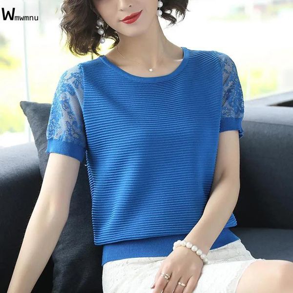 women's t-shirt casual short knitwear 2021 summer solid tees female fashion lace patchwork sleeve slim knitted women, White
women's t-shirt casual short knitwear 2021 summer solid tees female fashion lace patchwork sleeve slim knitted women, White