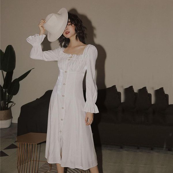 autumn women retro fairy white dress french fashion high waist slim a line long flare sleeve pearl button casual dresses, Black;gray
autumn women retro fairy white dress french fashion high waist slim a line long flare sleeve pearl button casual dresses, Black;gray