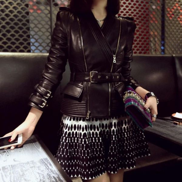 women's leather & faux spring women sheepskin genuine buckle belted slim fit punk ladies v neck coat plus size moto biker jacket, Black
women's leather & faux spring women sheepskin genuine buckle belted slim fit punk ladies v neck coat plus size moto biker jacket, Black