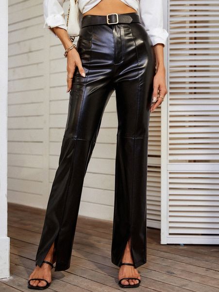 high waist split hem pu leather pants without belt q6cf#, Black;white
high waist split hem pu leather pants without belt q6cf#, Black;white