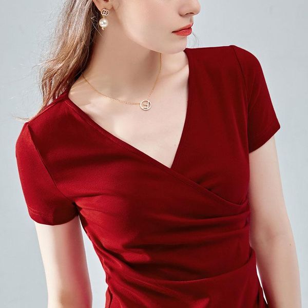women's t-shirt cross v-neck short sleeve summer half cotton french pleated waist top, White
women's t-shirt cross v-neck short sleeve summer half cotton french pleated waist top, White