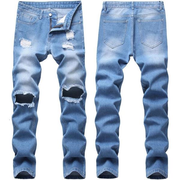 men's jeans high street men hole bleached full length ripped denim solid color trousers fashion wild male eid9, Blue
men's jeans high street men hole bleached full length ripped denim solid color trousers fashion wild male eid9, Blue