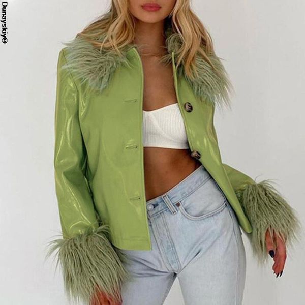 women's jackets winter fashion green y2k patchwork leather women short chic faux fur turn down collar streetwear coat 2021, Black;brown
women's jackets winter fashion green y2k patchwork leather women short chic faux fur turn down collar streetwear coat 2021, Black;brown