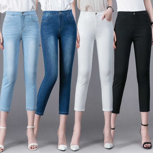 high waist summer pencil pants thin jeans large stretch slim middle aged mom women's capris, Blue
high waist summer pencil pants thin jeans large stretch slim middle aged mom women's capris, Blue
