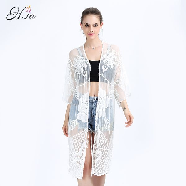 h.sa women summer blouse long half sleeve lace up beach clothing bikini outerwear loose sunscreen cardigans 210417, White
h.sa women summer blouse long half sleeve lace up beach clothing bikini outerwear loose sunscreen cardigans 210417, White