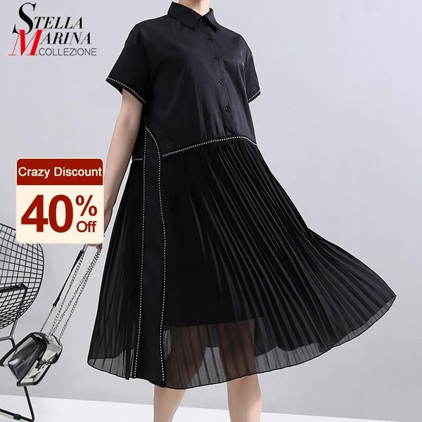 new fashion woman summer korean style black pleated shirt dress chiffon patchwork lapel ladies cute casual midi dress robe 6168, Black;gray
new fashion woman summer korean style black pleated shirt dress chiffon patchwork lapel ladies cute casual midi dress robe 6168, Black;gray