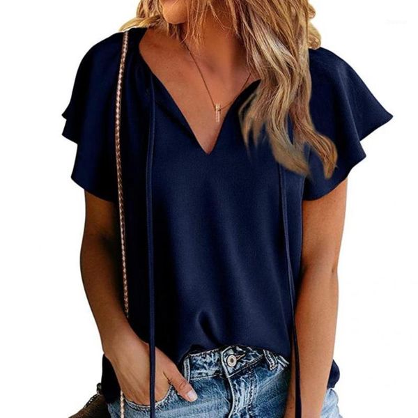 women's t-shirt streetwear stylish ruffle short sleeve tie summer breathable for dating, White
women's t-shirt streetwear stylish ruffle short sleeve tie summer breathable for dating, White