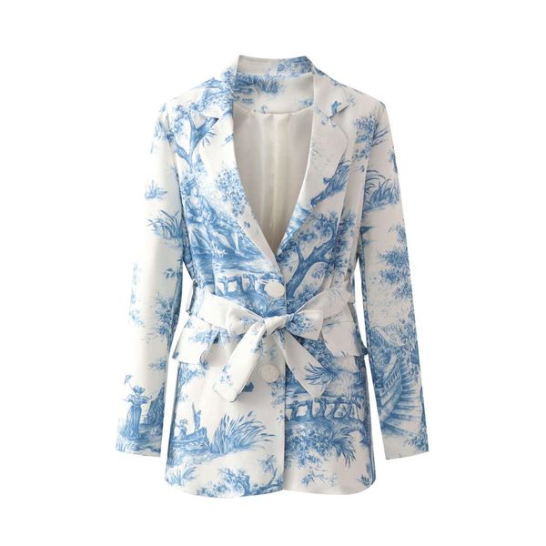 style blue and white printed single breasted jacket with suit collar in autumn, Black;brown
style blue and white printed single breasted jacket with suit collar in autumn, Black;brown